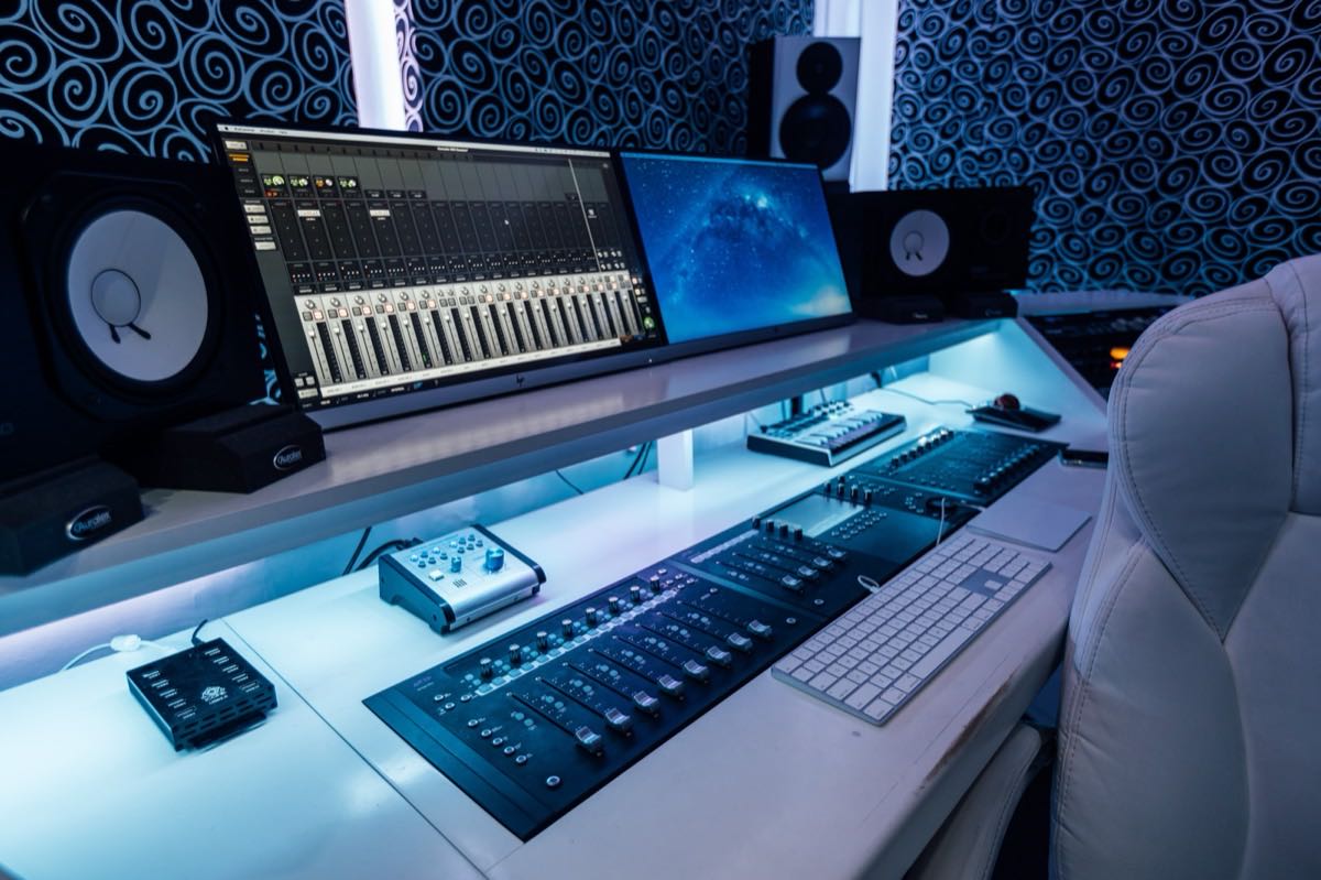 Mix controller and session window on the control room desk at MIX Recording Studio in Los Angeles