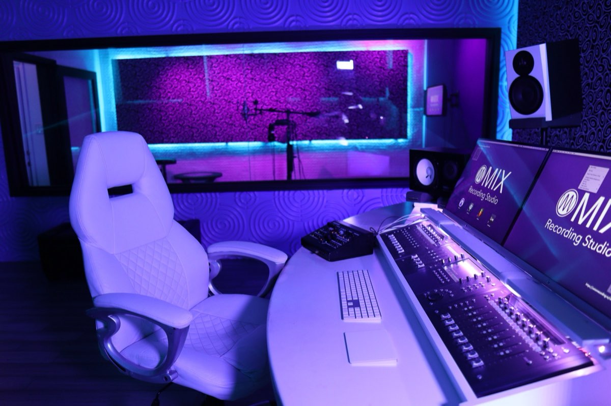 Mixing console and studio monitors in the control room at MIX Recording Studio in Los Angeles